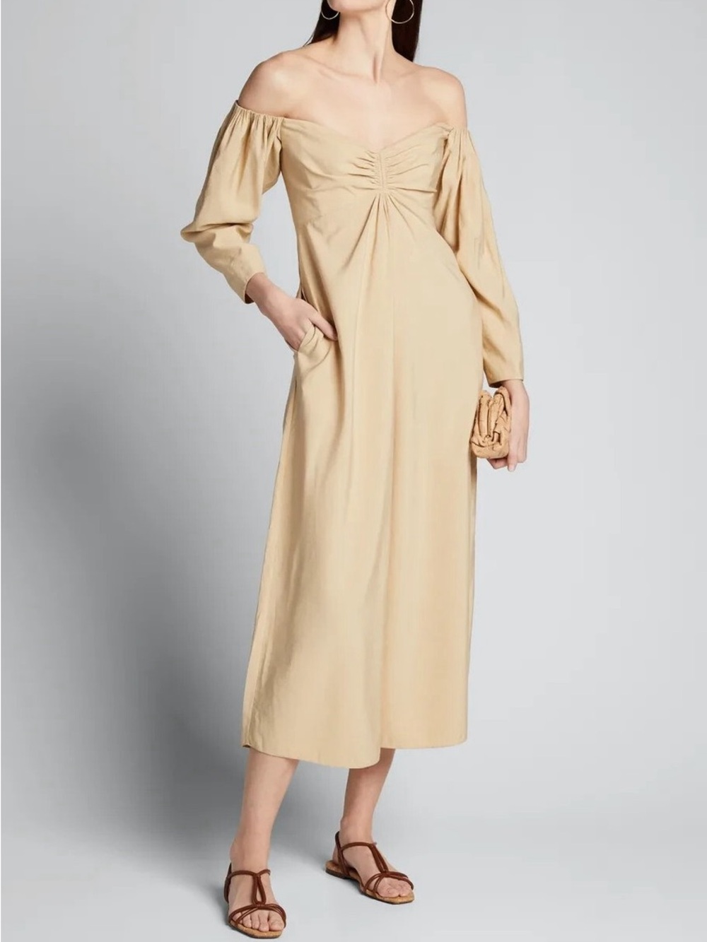 A.L.C. Calley Beige Long Sleeve Midi Dress with V-Neck